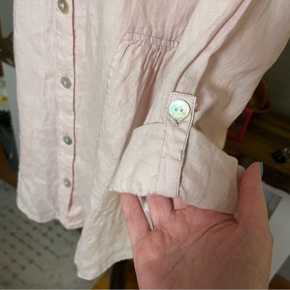 Sigrid Olsen Womens M Pink Button Up Shirt 100% Linen Tunic Top Roll Tab Sleeve - Picture 4 of 8